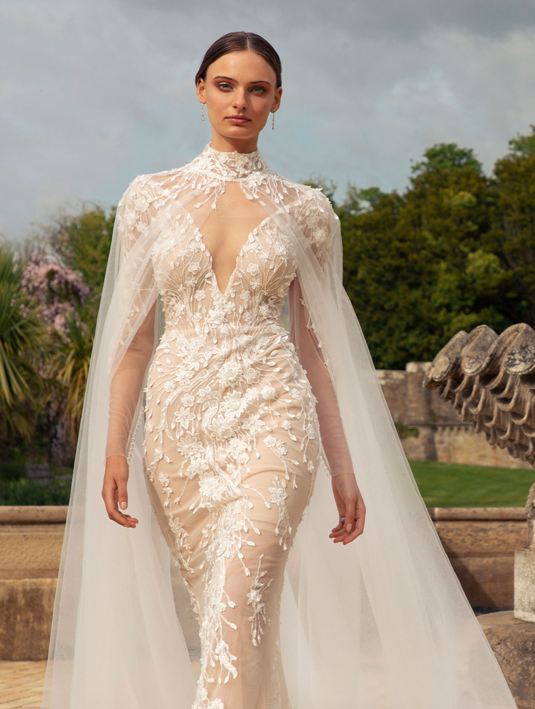 Model wearing a white Noya by Riki Dalal Wedding Dress in Glasgow UK